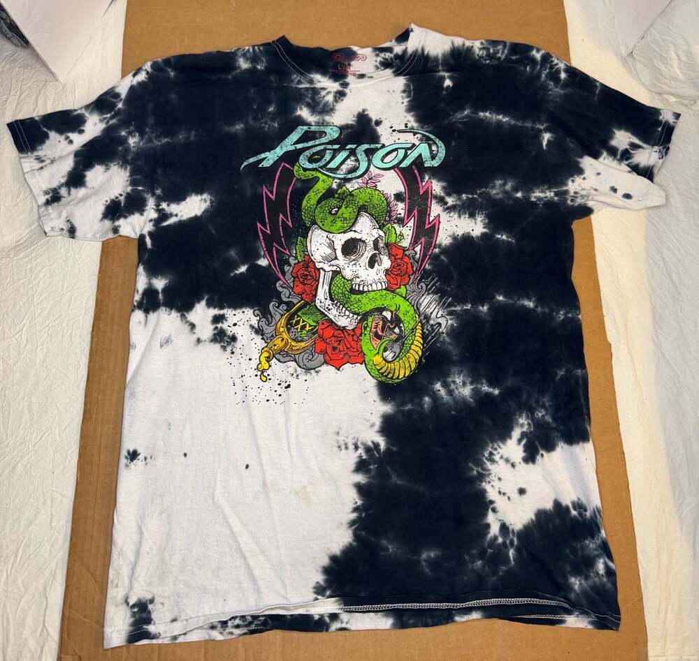 Poison Rock Band Skull Snake T-Shirt Size L Black White Tie Dye